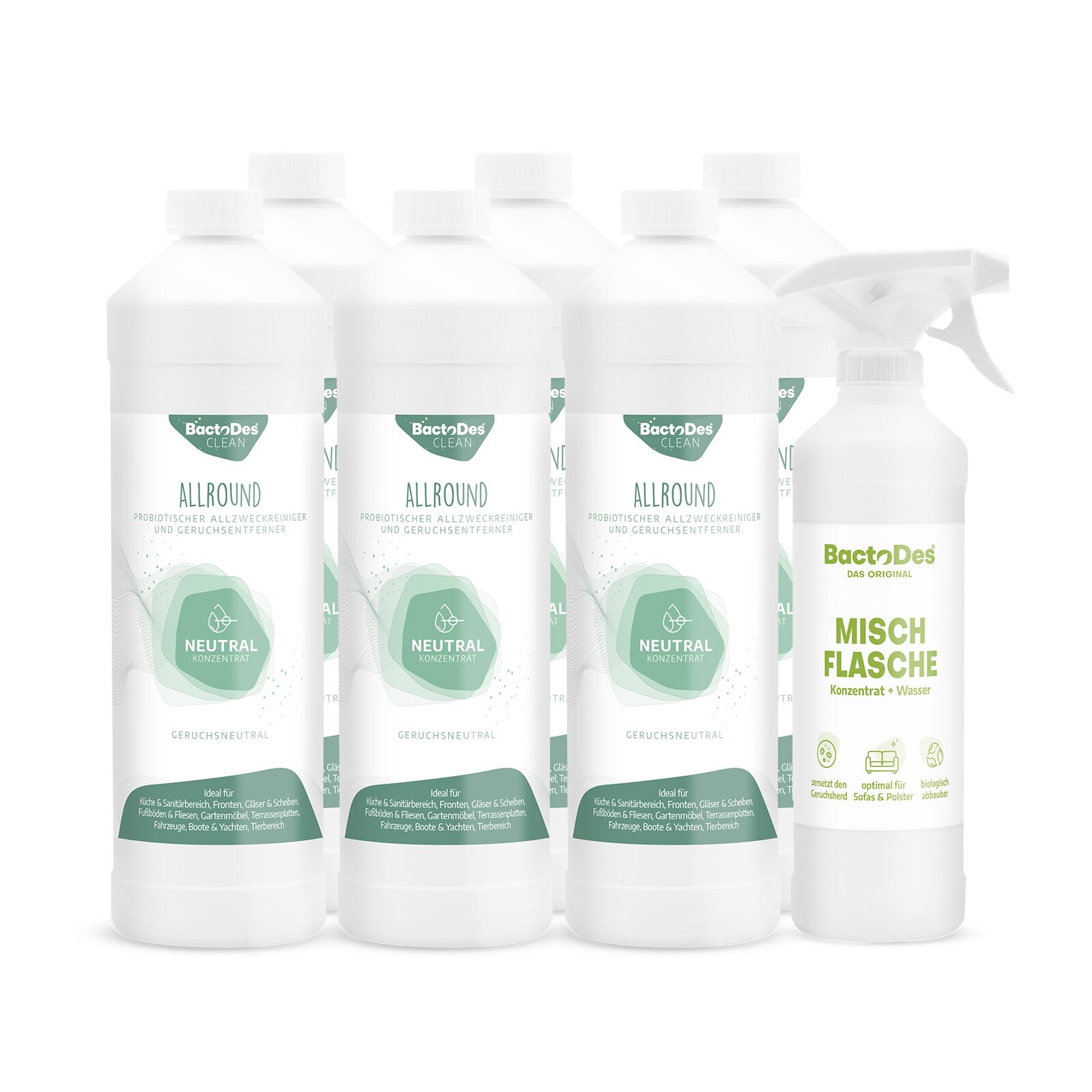 BactoDes®-Clean Neutral - Geruchlos - ohne Geruchszusätze 6x1L. Karton incl.1 Misch- und Sprühflasche