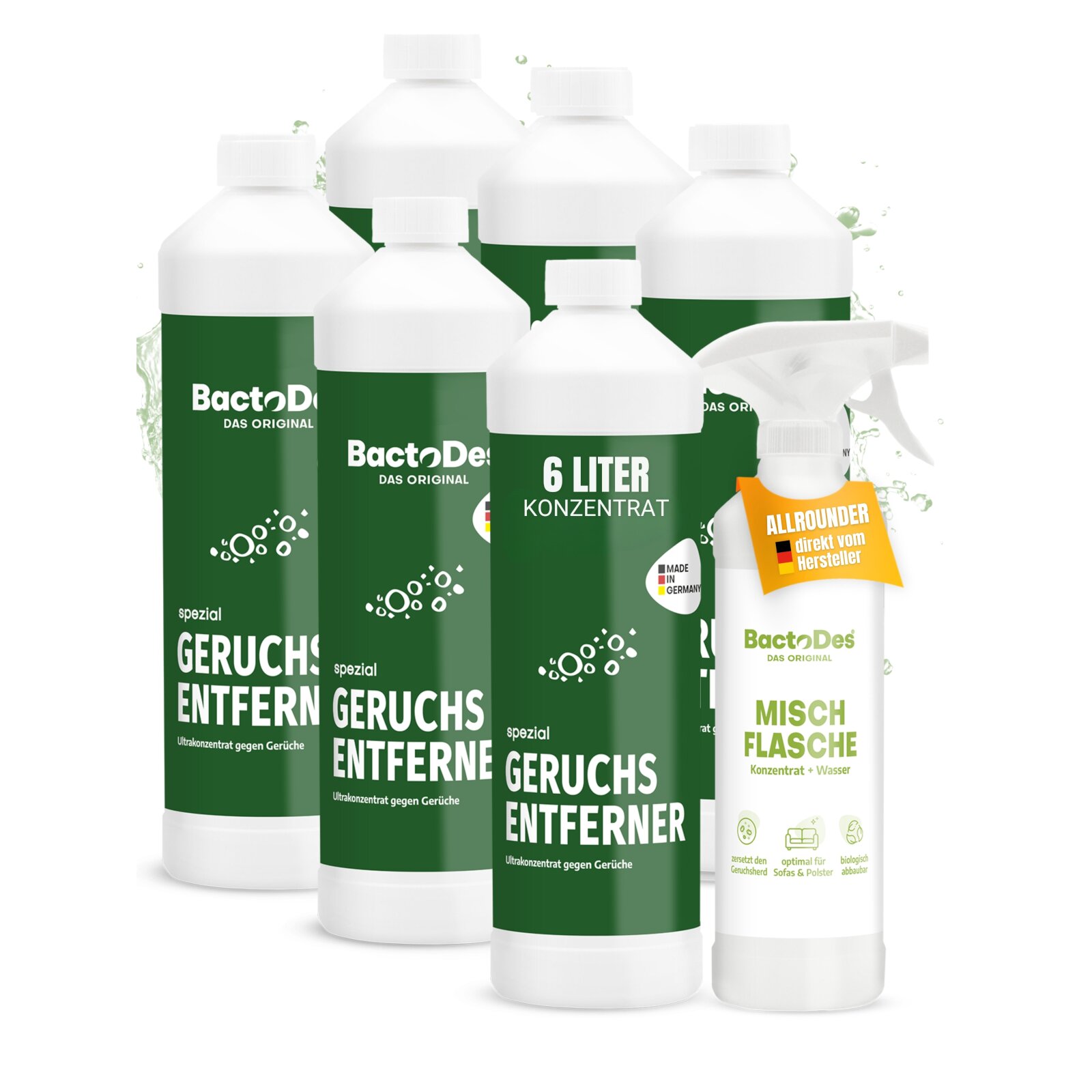 BactoDes-Spezial Geruchskiller 6x1L. Karton incl.1 Misch- und Sprühflasche