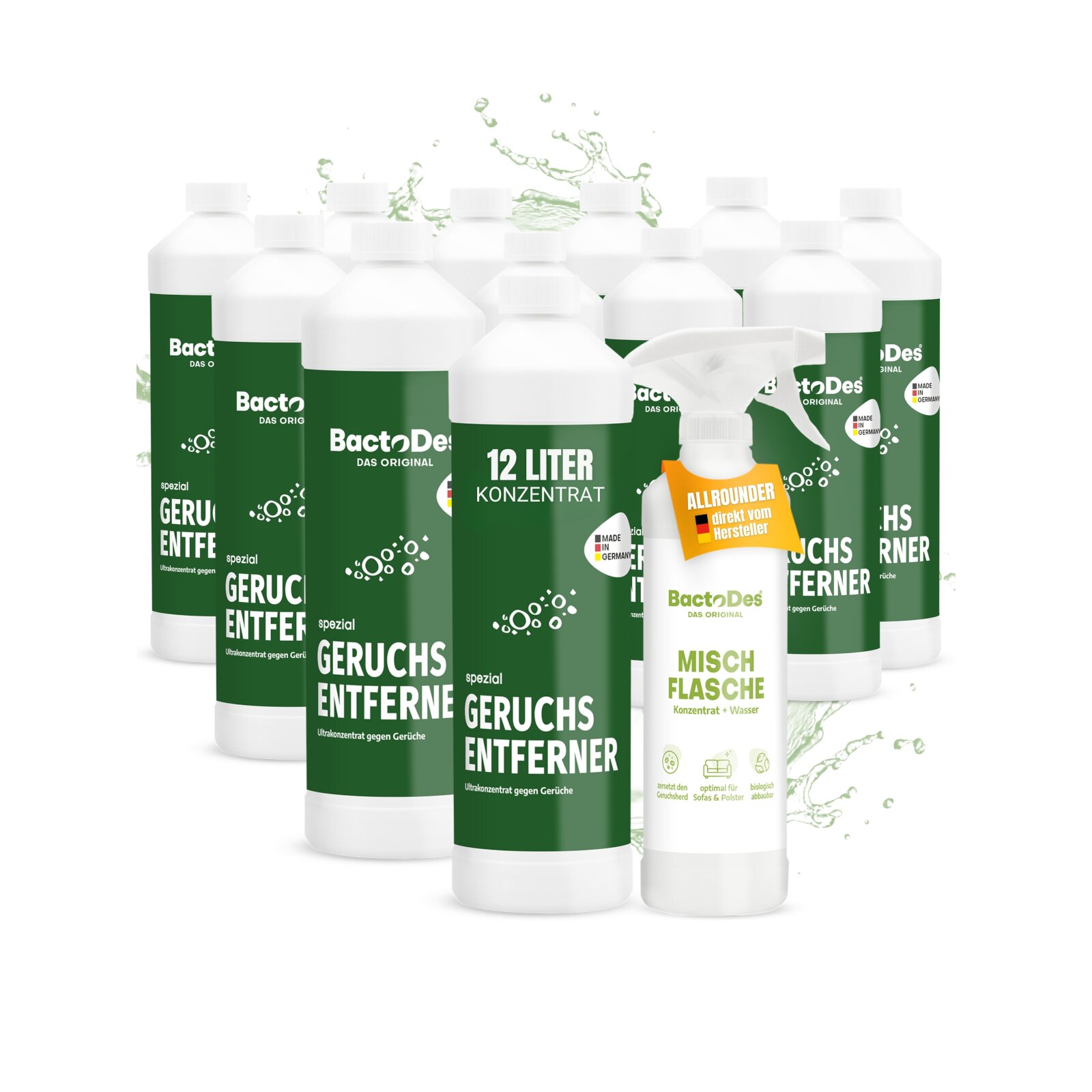 BactoDes-Spezial Geruchskiller 12x1L. Karton incl.1 Misch- und Sprühflasche
